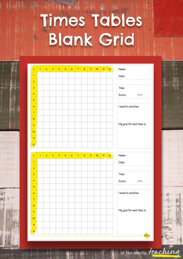 Free Empty Times Table Grid Printable with space for practice and scoring