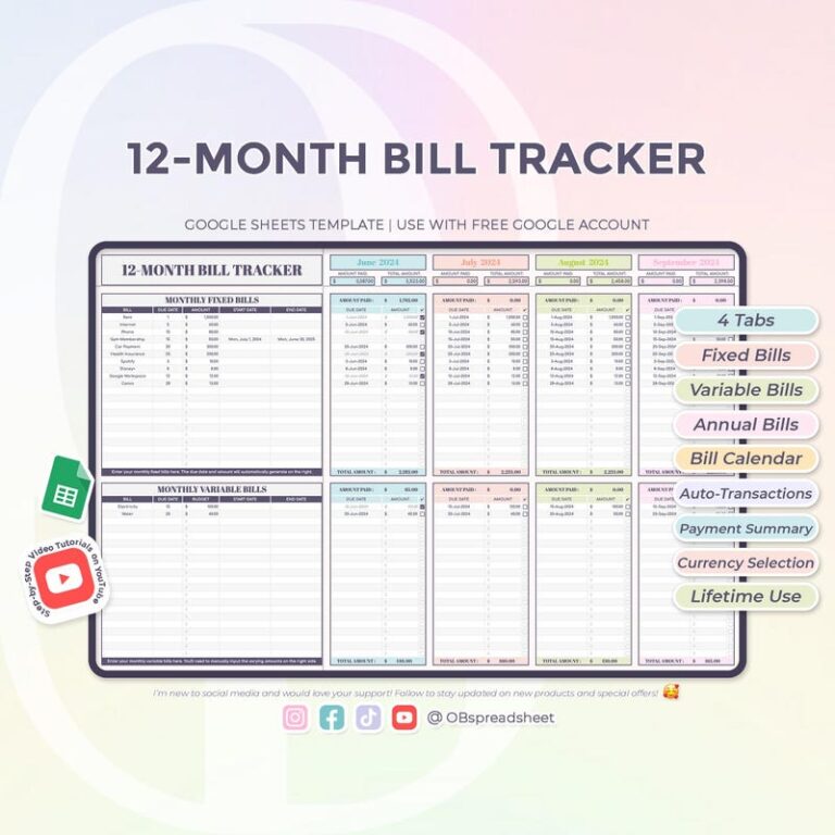 Free 12 Month Printable Chart Spreadsheet - 12 Month Bill Spreadsheet - Etsy