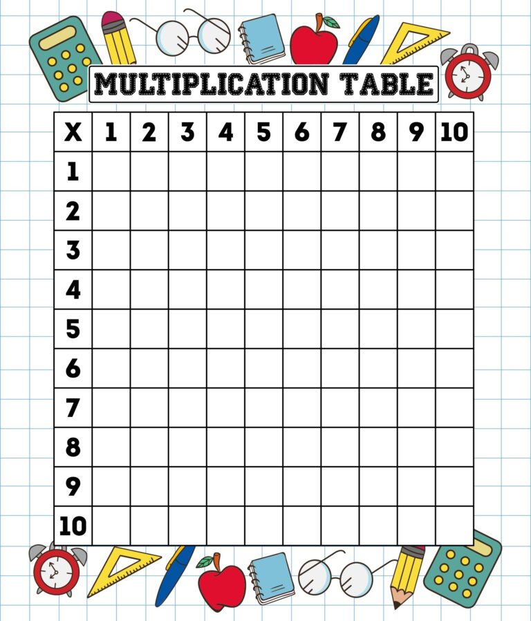 Free Blank Multiplication Tables 1 12 Printable Worksheets with colorful school-themed borders