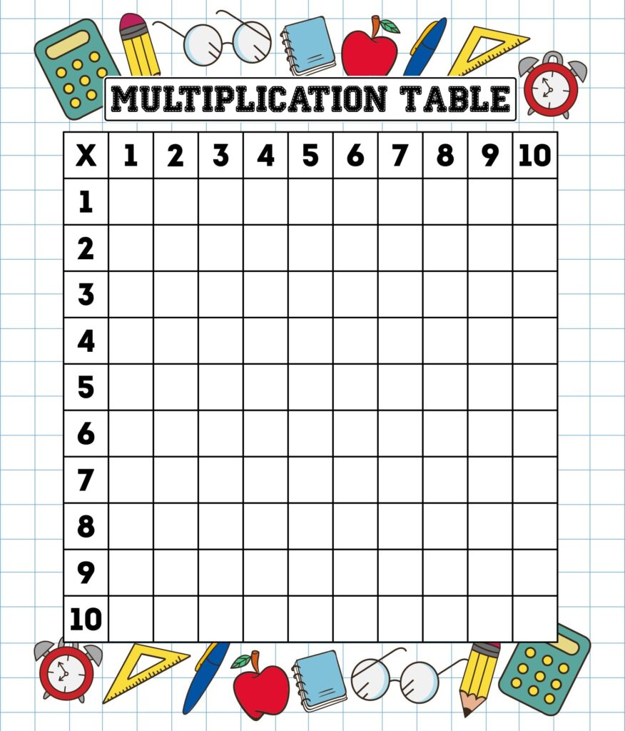 Free Blank Multiplication Tables 1 12 Printable Worksheets with colorful school-themed borders