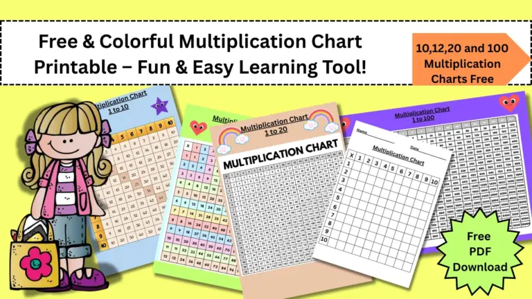 Free Printable 100 Multiplication Chart featuring colorful designs and easy-to-read layout
