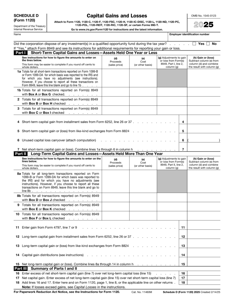 Free Printable Blank 1120 Chart showing Capital Gains and Losses for tax reporting