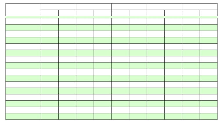 Free Printable Blank 5 Column Chart Template with green and white rows for data entry