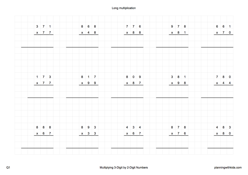 Free Printable Blank Templates For Long Multiplication – Grid Format Worksheet Free Printable Blank Templates For Long Multiplication featuring a grid format for easy calculations
