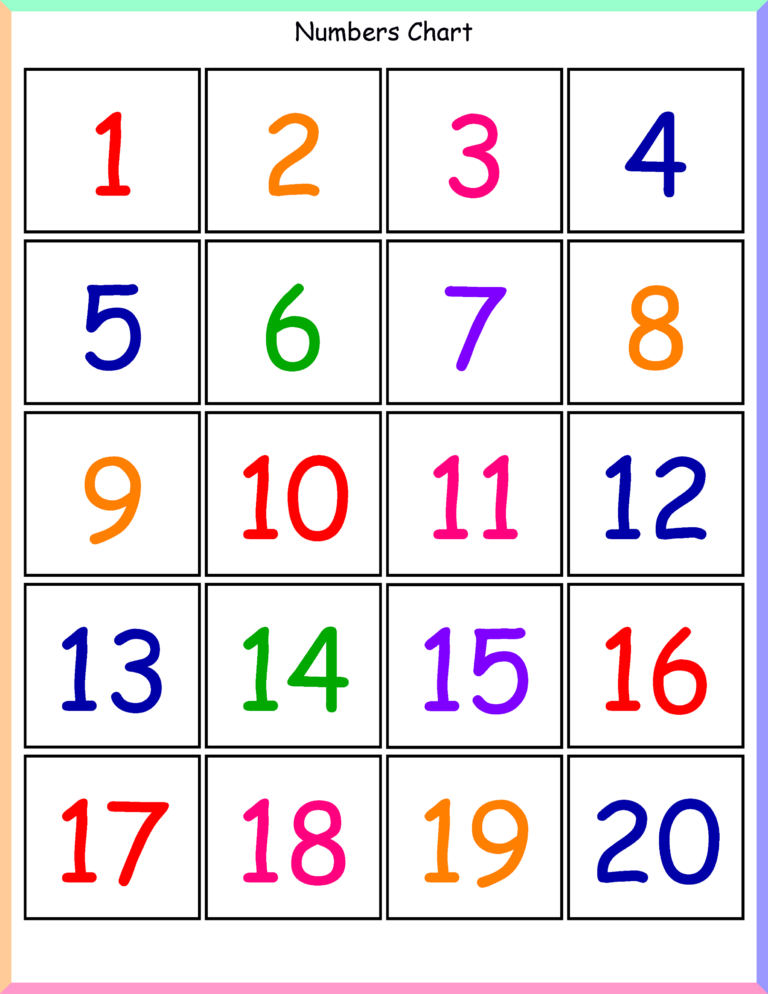 Free Printable Charts 20 Spaces featuring a colorful number chart 1 to 20
