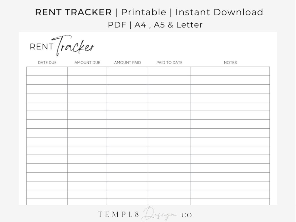Free Printable Charts For Renters - Rent Tracker | Printable | Instant Digital Download | Minimalist - Etsy