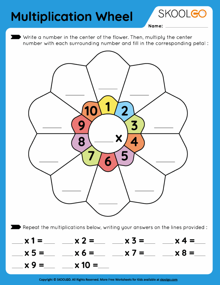 Free Printable Fill In The Blank Multiplication worksheet featuring a colorful multiplication wheel for kids