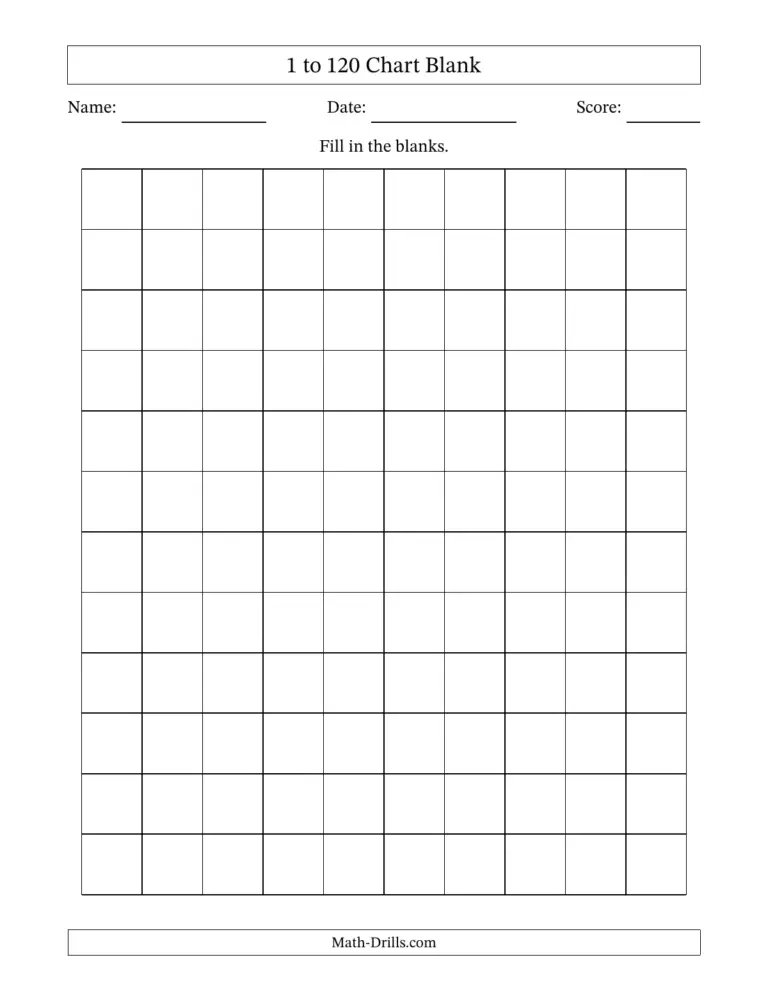 Free Printable Full Page 120 Chart with blank spaces for filling in numbers