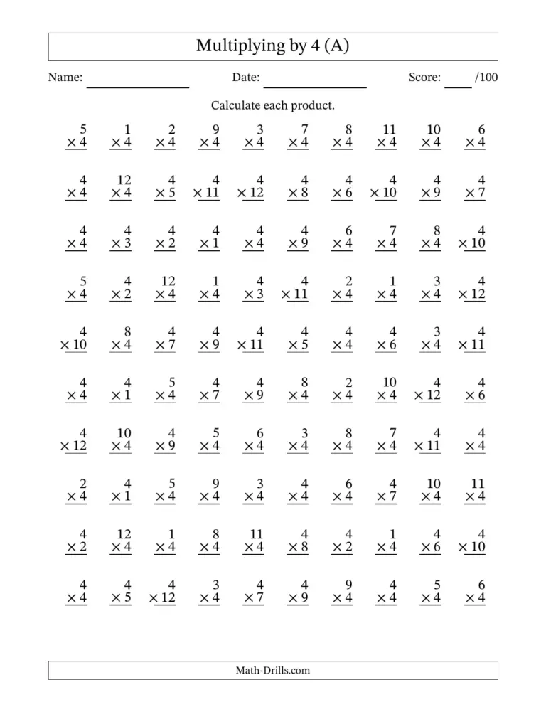 Free Printable Multiplication Chart Worksheets featuring a worksheet for multiplying by 4