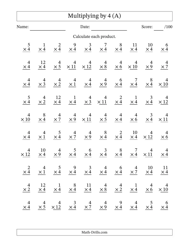 Free Printable Multiplication Chart Worksheets featuring a worksheet for multiplying by 4