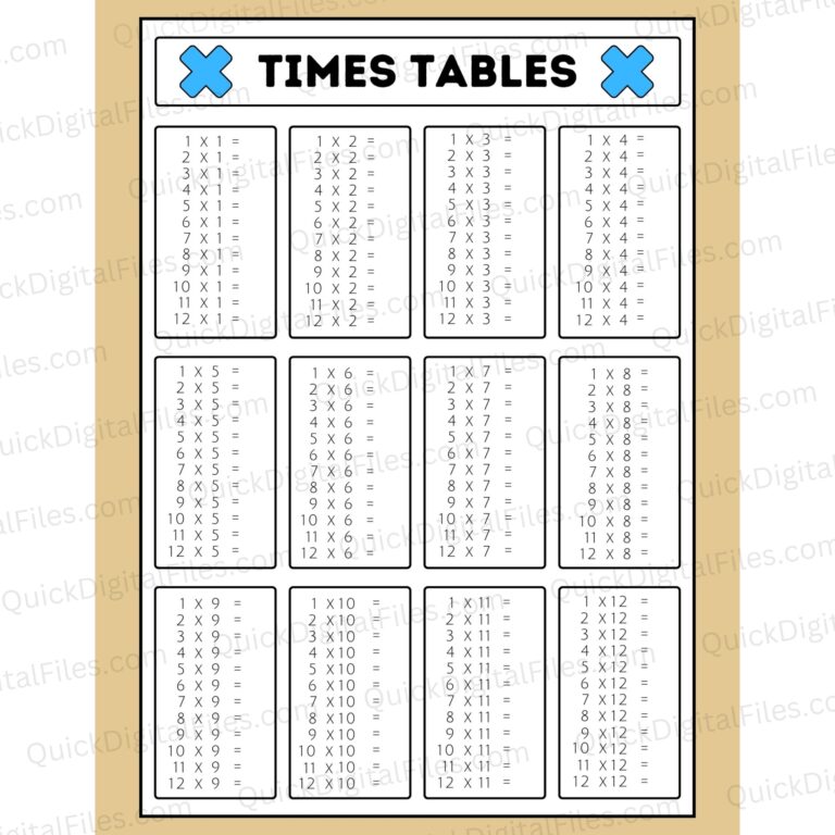 Free Printable Time Table Chart 1-12 displaying multiplication tables 1 to 12