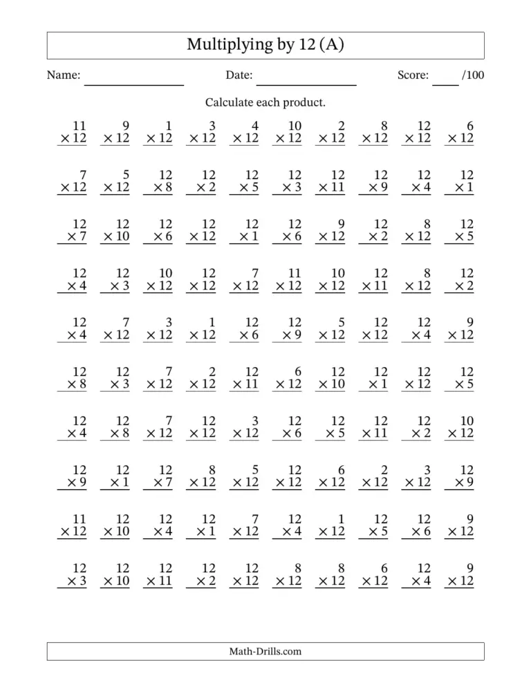 Free printable Multiplication Chart 1-12 Printable Worksheets for practicing multiplication by 12