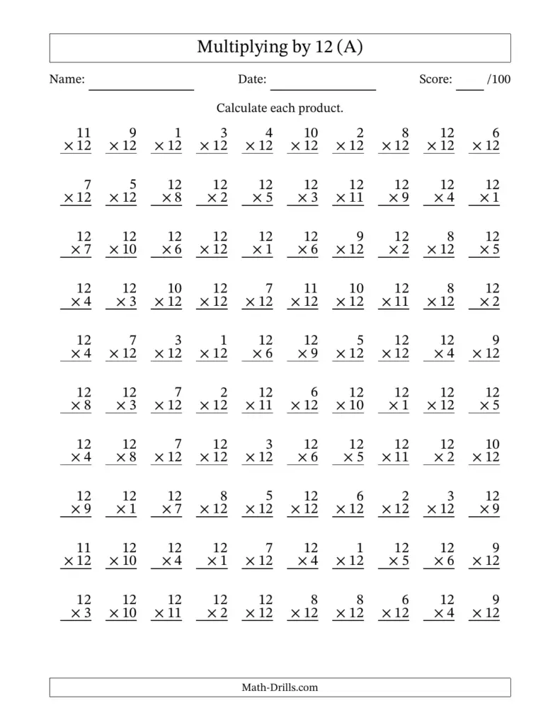 Free printable Multiplication Chart 1-12 Printable Worksheets for practicing multiplication by 12
