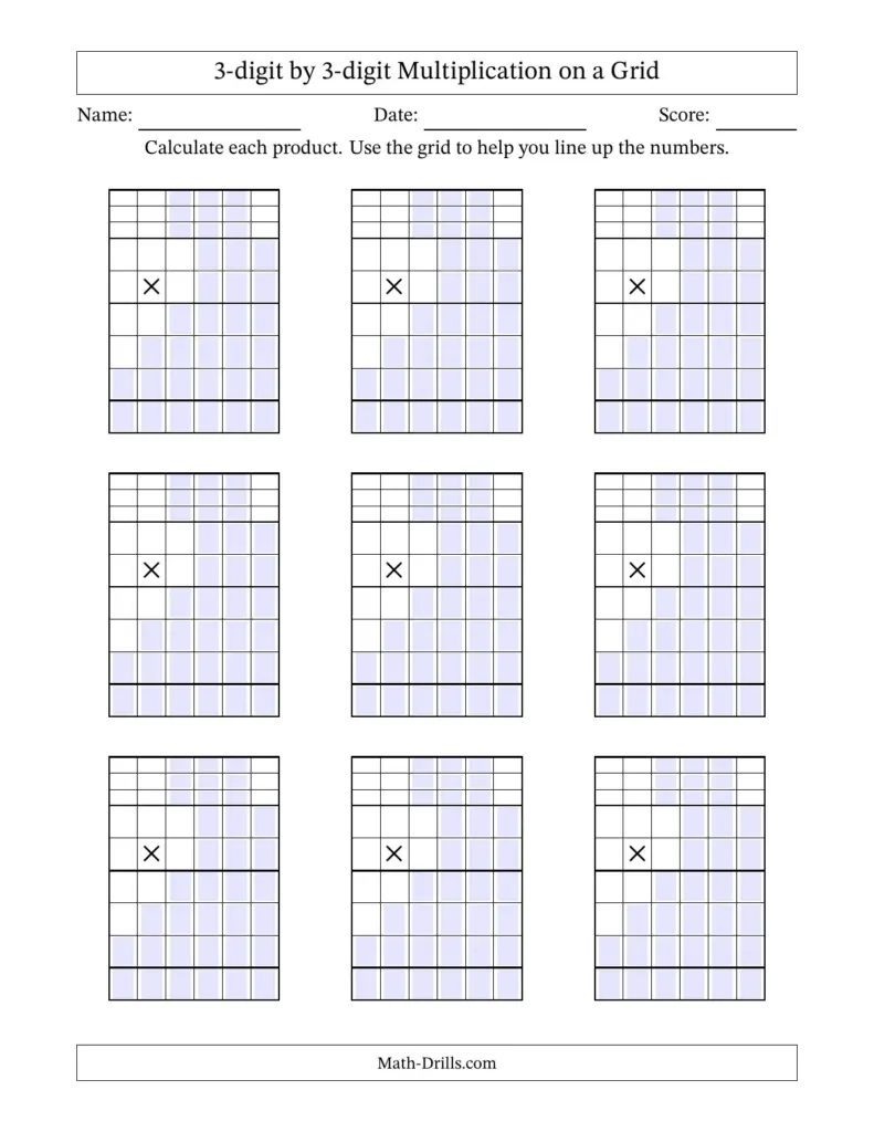 Multiplying 3-Digit by 3-Digit Numbers with Grid Support Blanks (A)