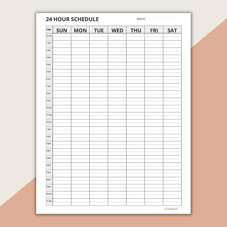 Printable Charts With Days And Time - 24 Hour Time Chart Template