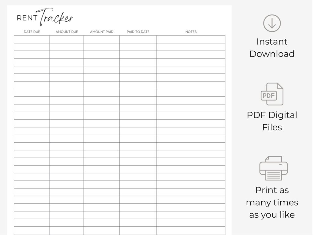 Rent Tracker | Printable | Instant Digital Download | Minimalist - Etsy