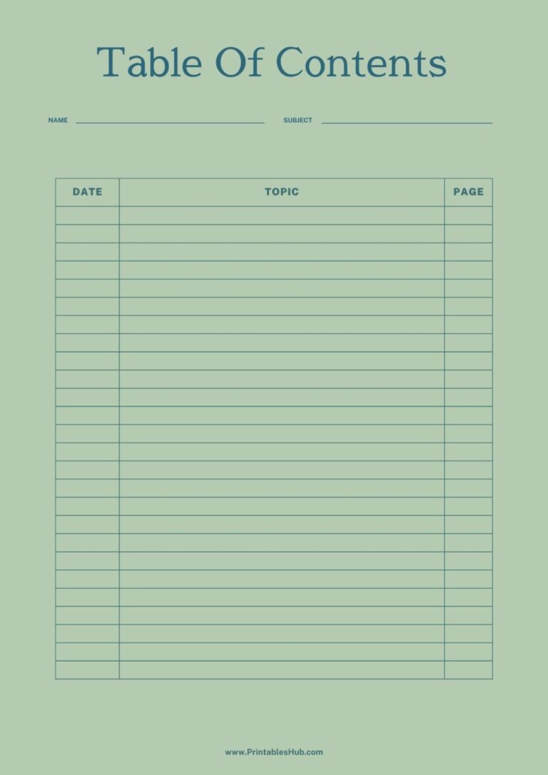 Table Of Contents Chart Print Out - Free Printable Blank Table Of Contents Templates [PDF Included ...
